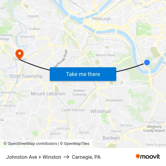 Johnston Ave + Winston to Carnegie, PA map
