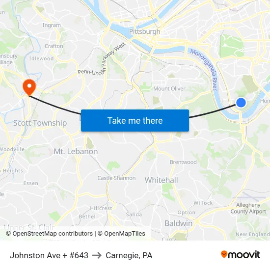 Johnston Ave + #643 to Carnegie, PA map