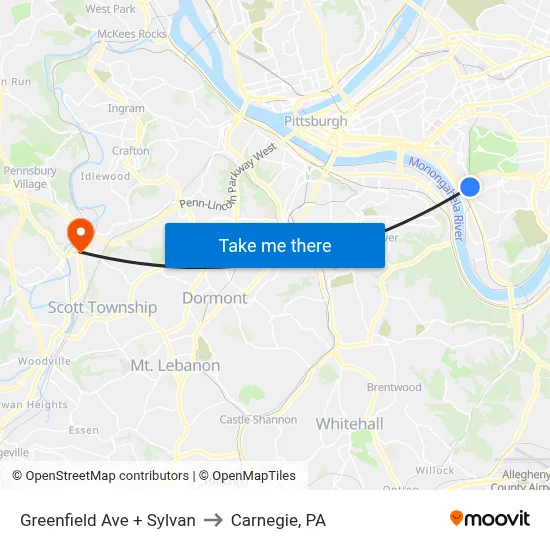 Greenfield Ave + Sylvan to Carnegie, PA map