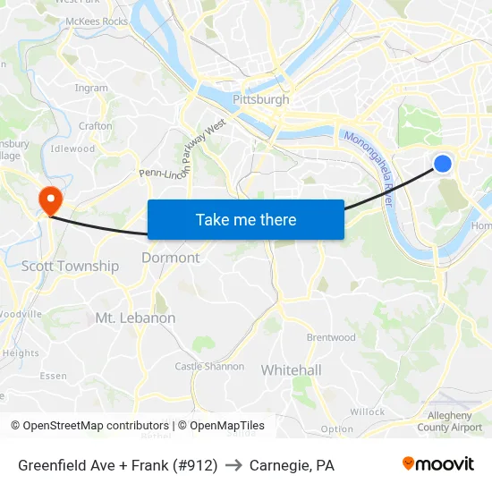 Greenfield Ave + Frank (#912) to Carnegie, PA map