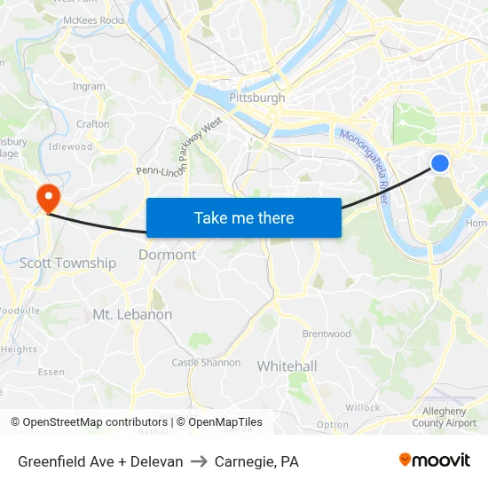 Greenfield Ave + Delevan to Carnegie, PA map