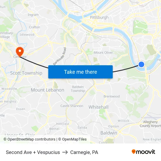 Second Ave + Vespucius to Carnegie, PA map
