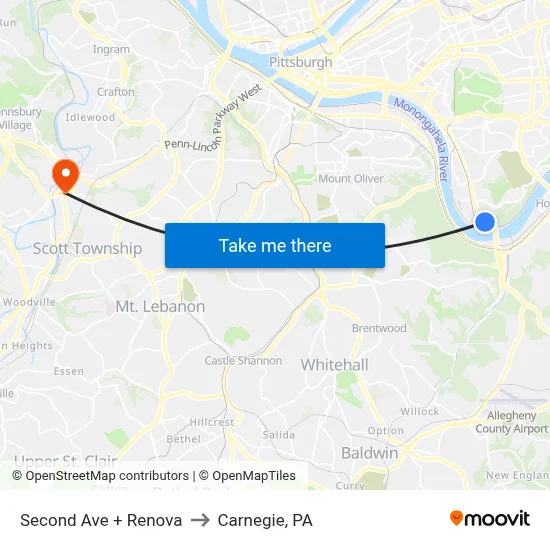 Second Ave + Renova to Carnegie, PA map