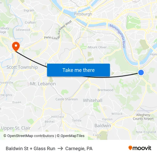 Baldwin St + Glass Run to Carnegie, PA map