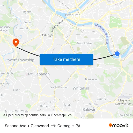Second Ave + Glenwood to Carnegie, PA map