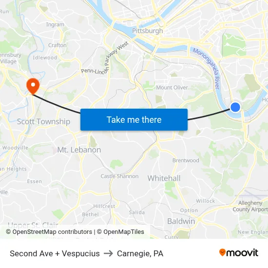Second Ave + Vespucius to Carnegie, PA map