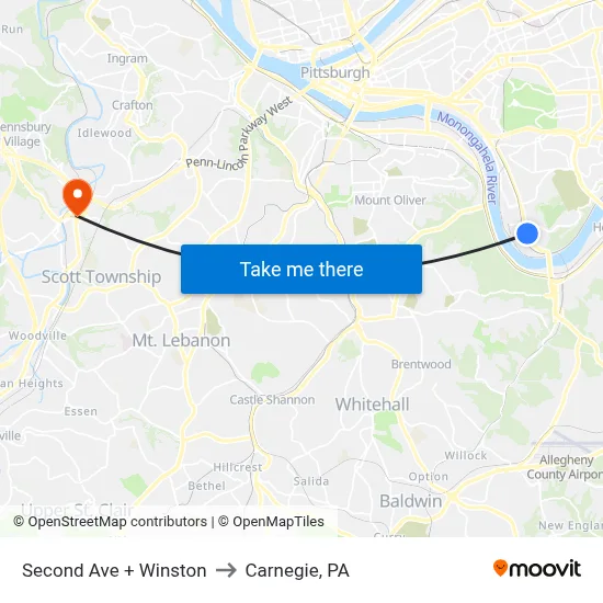 Second Ave + Winston to Carnegie, PA map