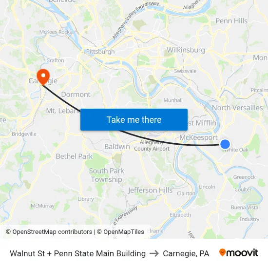 Walnut St + Penn State Main Building to Carnegie, PA map