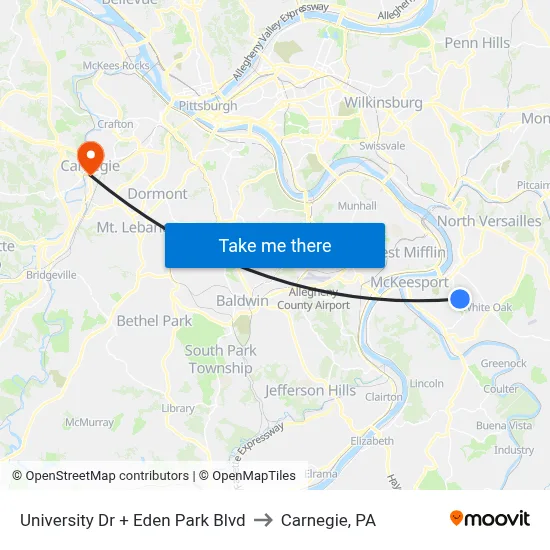 University Dr + Eden Park Blvd to Carnegie, PA map