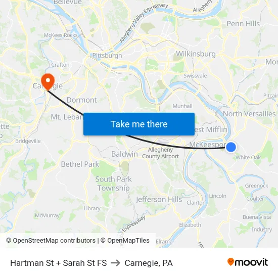 Hartman St + Sarah St FS to Carnegie, PA map