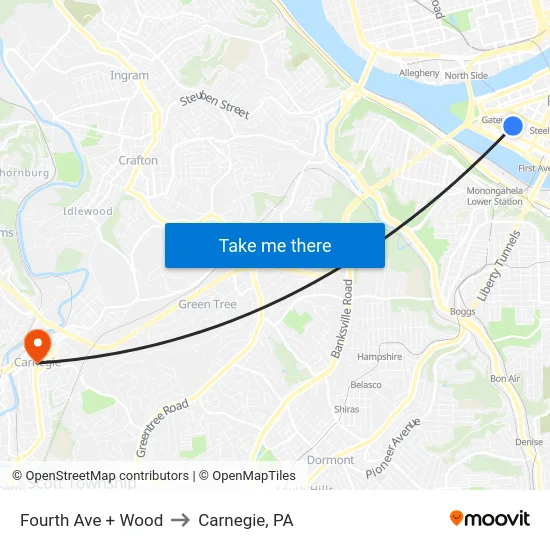 Fourth Ave + Wood to Carnegie, PA map