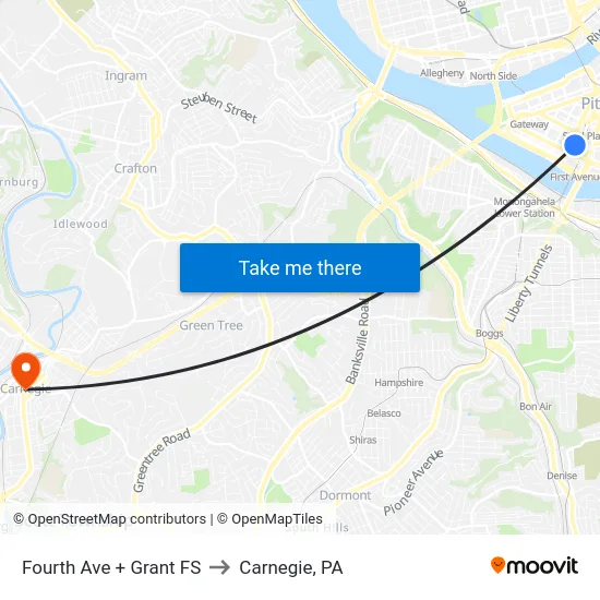 Fourth Ave + Grant FS to Carnegie, PA map