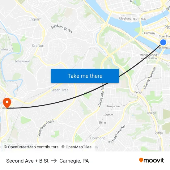 Second Ave + B St to Carnegie, PA map