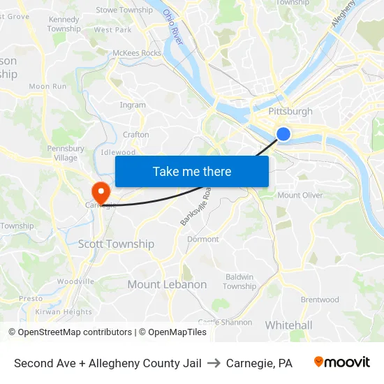 Second Ave + Allegheny County Jail to Carnegie, PA map