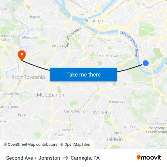 Second Ave + Johnston to Carnegie, PA map