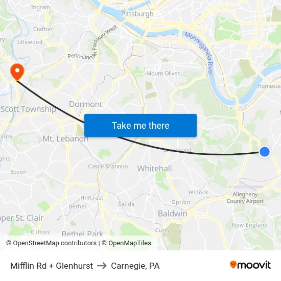 Mifflin Rd + Glenhurst to Carnegie, PA map