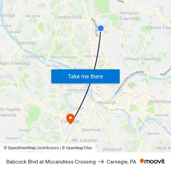 Babcock Blvd at Mccandless Crossing to Carnegie, PA map