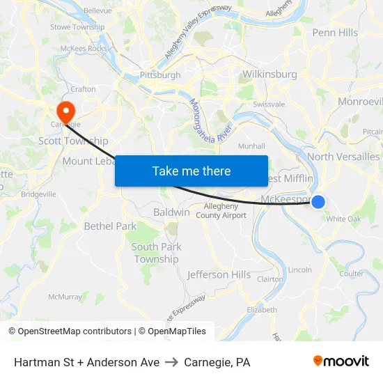 Hartman St + Anderson Ave to Carnegie, PA map