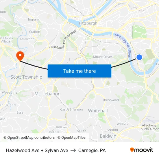 Hazelwood Ave + Sylvan Ave to Carnegie, PA map