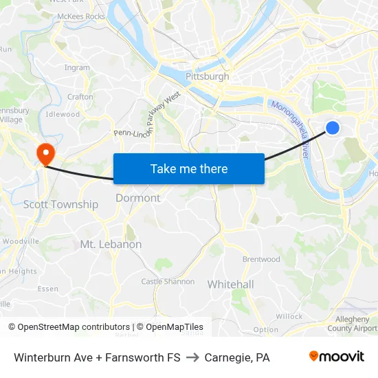 Winterburn Ave + Farnsworth FS to Carnegie, PA map