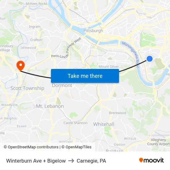 Winterburn Ave + Bigelow to Carnegie, PA map