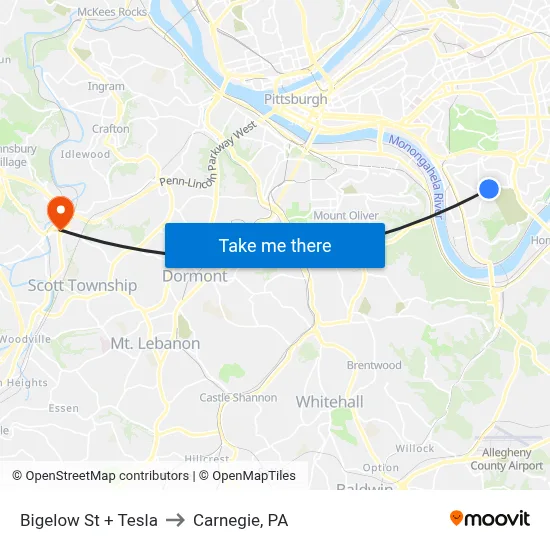 Bigelow St + Tesla to Carnegie, PA map
