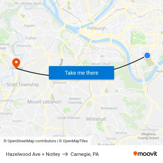 Hazelwood Ave + Notley to Carnegie, PA map