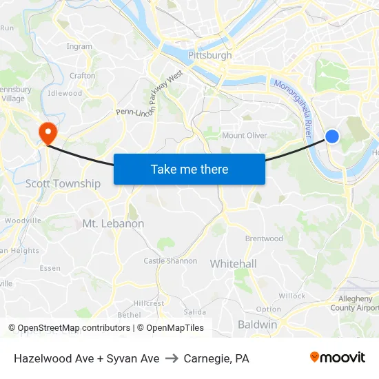 Hazelwood Ave + Syvan Ave to Carnegie, PA map