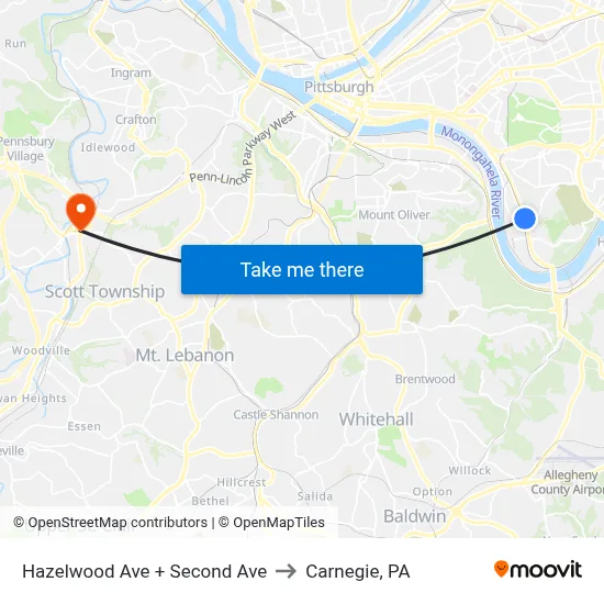 Hazelwood Ave + Second Ave to Carnegie, PA map
