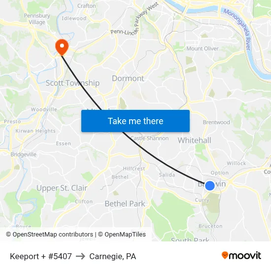 Keeport + #5407 to Carnegie, PA map
