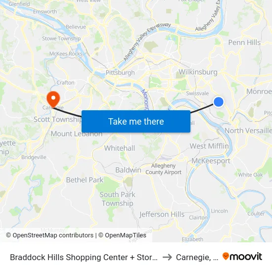Braddock Hills Shopping Center + Storefront to Carnegie, PA map