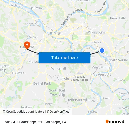 6th St + Baldridge to Carnegie, PA map