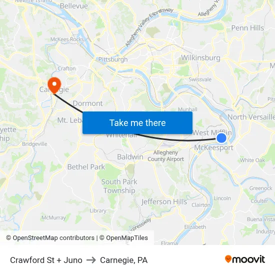 Crawford St + Juno to Carnegie, PA map