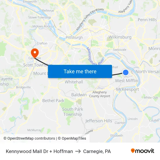 Kennywood Mall Dr + Hoffman to Carnegie, PA map
