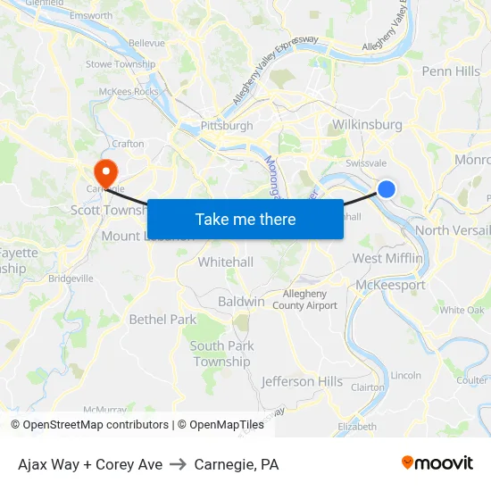 Ajax Way + Corey Ave to Carnegie, PA map