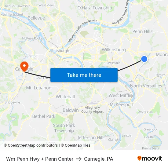Wm Penn Hwy + Penn Center to Carnegie, PA map