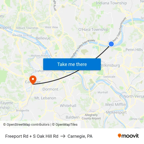 Freeport Rd + S Oak Hill Rd to Carnegie, PA map