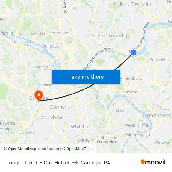 Freeport Rd + E Oak Hill Rd to Carnegie, PA map