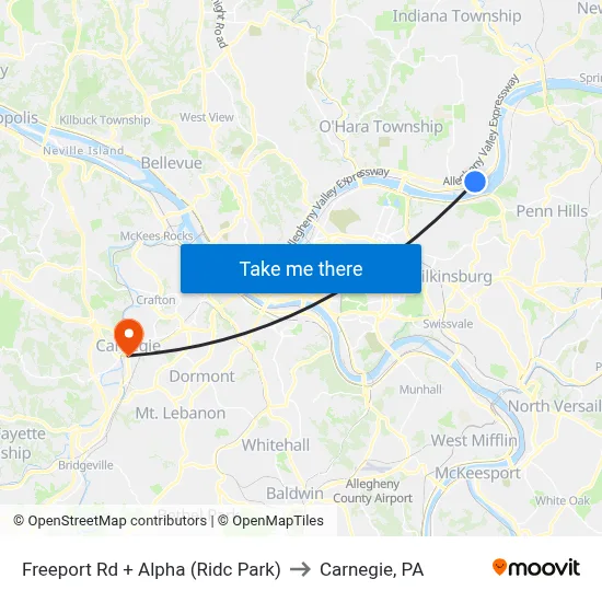 Freeport Rd + Alpha (Ridc Park) to Carnegie, PA map
