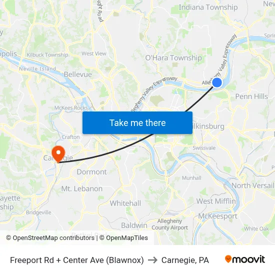 Freeport Rd + Center Ave (Blawnox) to Carnegie, PA map