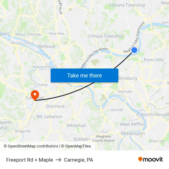 Freeport Rd + Maple to Carnegie, PA map