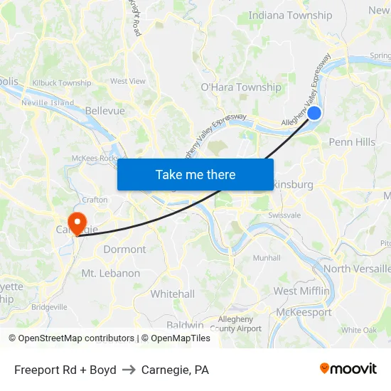 Freeport Rd + Boyd to Carnegie, PA map