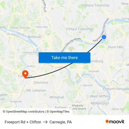 Freeport Rd + Clifton to Carnegie, PA map
