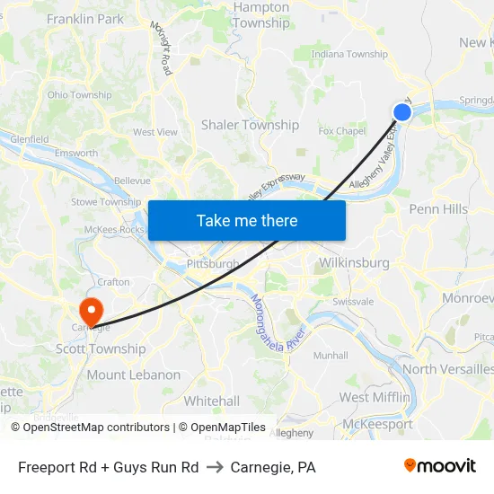 Freeport Rd + Guys Run Rd to Carnegie, PA map