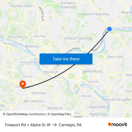 Freeport Rd + Alpha Dr W to Carnegie, PA map