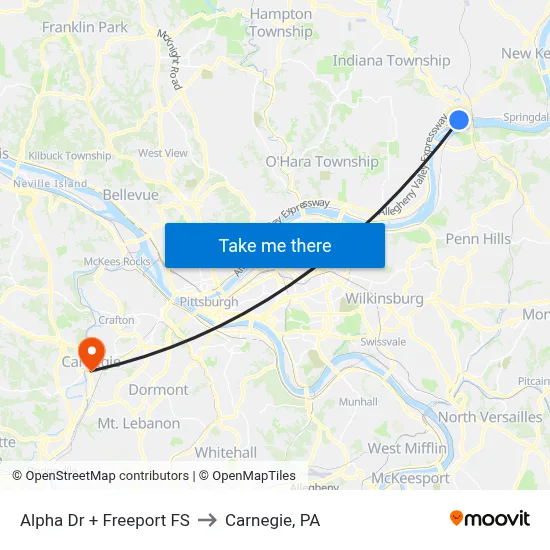 Alpha Dr + Freeport FS to Carnegie, PA map