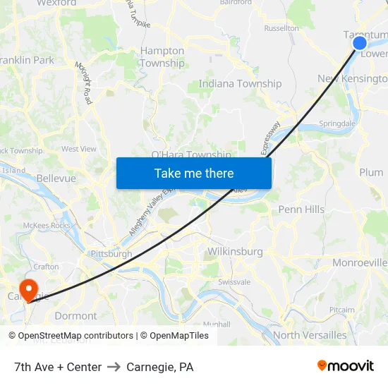 7th Ave + Center to Carnegie, PA map