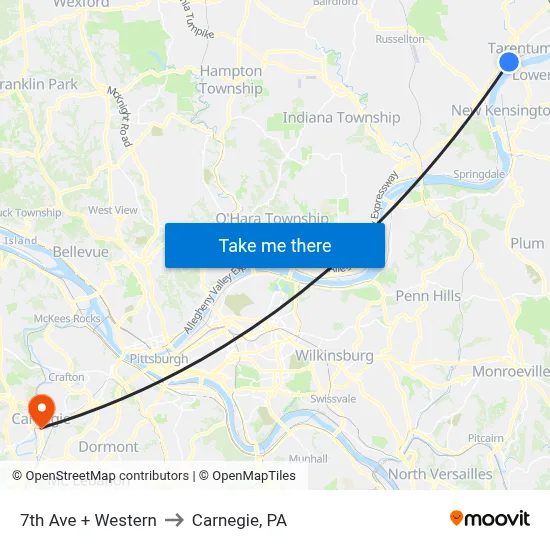 7th Ave + Western to Carnegie, PA map