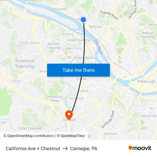 California Ave + Chestnut to Carnegie, PA map