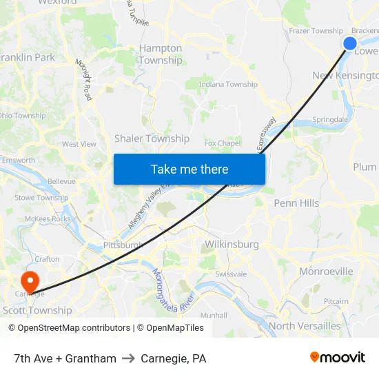 7th Ave + Grantham to Carnegie, PA map